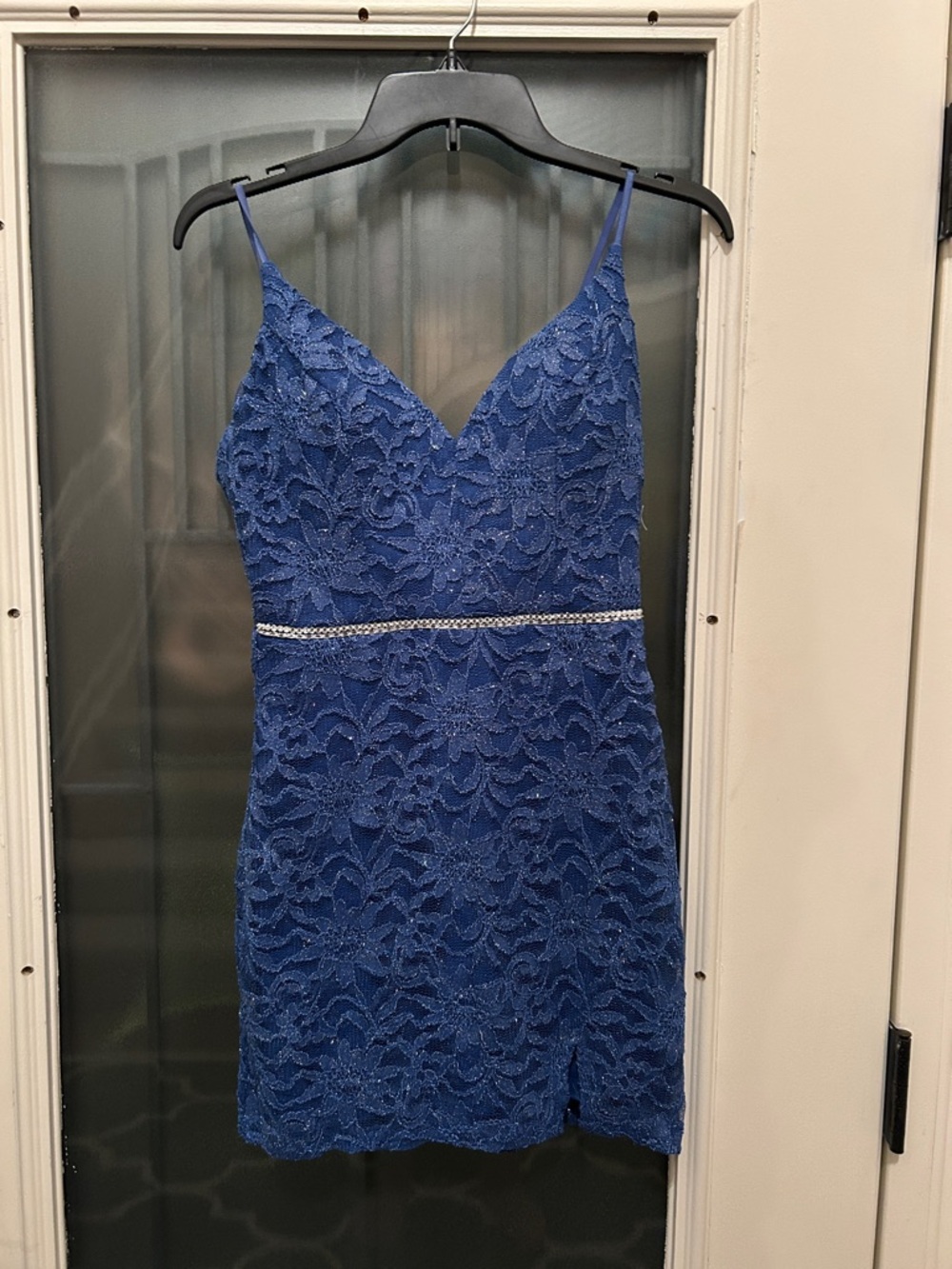 City Studio Blue Lace Spaghetti Strap Mini Dress with Rhinestone Waist